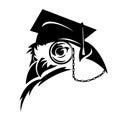 Wise professor owl with mortarboard cap and monocle black vector portrait