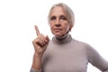 Wise senior woman with gray hair on white background