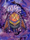Wise shamanic owl with closed eyes in space illustration with colorful bakground Royalty Free Stock Photo