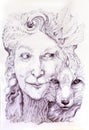 Wise shamanic woman forest goddess, with a second nature of a fox