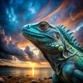 A wise, smart and attentive lizard in the foreground in a natural landscape scenery. AI generated Royalty Free Stock Photo