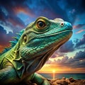 A wise, smart and attentive lizard in the foreground in a natural landscape scenery. AI generated Royalty Free Stock Photo