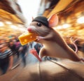 wise street mouse thieve wear cap escape street market stolen piece of cheese Royalty Free Stock Photo