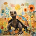 Sunny Meadow Serenade: A Charming Tortoise Amongst Watercolor Florals, AI-generated.
