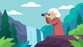 A wiselooking elder stands on a rocky outcrop peering through the viewfinder of her camera at a cascading waterfall Royalty Free Stock Photo