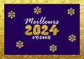 Wish card new year 2024 in french with snowflakes on a gold and purple background