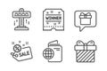 Wish list, Attraction and Winner ticket icons set. Travel passport, Sale and Surprise signs. Vector