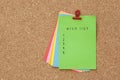 Wish List written on color sticker notes over cork board background