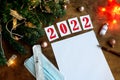 Wish sheet on a wooden background with the numbers 2021, a blank sheet of paper, mask, syringe, covid-19 vaccine, led is a garland Royalty Free Stock Photo