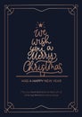 We wish you a Merry Christmas greeting card with rose gold lines and navy blue background. Christmas tree with lettering and Royalty Free Stock Photo