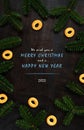 We wish you a Merry Christmas and a Happy New Year 2023. Branches on the background of a wooden table Royalty Free Stock Photo