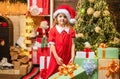 Wish you merry Christmas. Happy new year. New year Christmas concept. Happy little child dressed in winter clothing Royalty Free Stock Photo