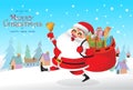 We Wish you a Merry Christmas. Happy new year. Santa Claus character with big signboard. Merry Santa Clause with gift bag full of Royalty Free Stock Photo