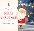 We Wish you a Merry Christmas. Happy new year. Santa Claus character with big signboard. Merry Santa Clause with jingle
