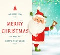 We Wish you a Merry Christmas. Happy new year. Santa Claus character with big signboard. Merry Santa Clause with jingle bell. Holi Royalty Free Stock Photo