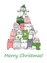 We wish you a Merry Christmas and a happy New Year. Stylish holiday card with cute cats in vector. Bright cartoon Royalty Free Stock Photo