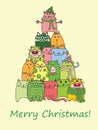 We wish you a Merry Christmas and a happy New Year. Stylish holiday card with cute cats in vector. Bright cartoon Royalty Free Stock Photo