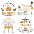 Wish you a very happy Birthday dear friend. Badge, card, with birthday hat, firework and cake with candles. Vector. Set