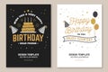 Wish you a very happy Birthday dear friend. Badge, card, with birthday hat, firework and cake with candles. Vector Royalty Free Stock Photo