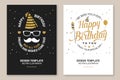 Wish you a very happy Birthday dear friend. Badge, card, with birthday hat, firework, mustache and cake with candles Royalty Free Stock Photo