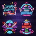 Wish you a very happy Birthday dear friend neon sign. Badge, sticker, with birthday hat, firework and cake with candles