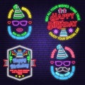 Wish you a very happy Birthday dear friend neon sign. Badge, sticker, with birthday hat, firework and cake with candles Royalty Free Stock Photo