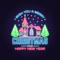 Wish you a very Merry Christmas and Happy New Year neon sign with Catholic Church and christmas tree. Vector Royalty Free Stock Photo