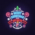 Wish you a very Merry Christmas and Happy New Year neon sign with snowflakes, christmas candy, snowman. Vector. Vintage