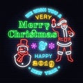 We wish you a very Merry Christmas and Happy New Year neon sign with snowman and Santa Claus. Royalty Free Stock Photo