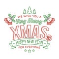 We wish you a very Merry Christmas and Happy New Year stamp, sticker set with holly, berry, christmas tree, bell. Vector Royalty Free Stock Photo