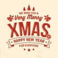 We wish you a very Merry Christmas and Happy New Year stamp, sticker set with holly, berry, christmas tree, bell. Royalty Free Stock Photo
