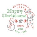 We wish you a very Merry Christmas and Happy New Year stamp, sticker set with snowman and Santa Claus. Vector