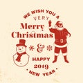 We wish you a very Merry Christmas and Happy New Year stamp, sticker set with snowmans and Santa Claus. Vector Royalty Free Stock Photo