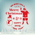 We wish you a very Merry Christmas and Happy New Year stamp, sticker set with snowmans and Santa Claus. Vector Royalty Free Stock Photo