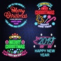 We wish you a very sweet Christmas and Happy New Year neon sign with snowflakes, christmas candy, cookie.