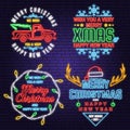 We wish you a very sweet Christmas and Happy New Year neon sign with snowflakes, classic red christmas truck Vector Royalty Free Stock Photo