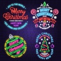 We wish you a very sweet Christmas and Happy New Year neon sign with snowflakes, classic red christmas truck Vector Royalty Free Stock Photo