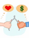 Wishbone and hands money or love thinking bubble illustrationwhite background