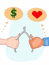 Wishbone and hands money or love thinking bubble illustrationwhite background