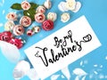 Wishes quotes text on blue white roses bouquet on white floral background copy space happy romantic Valentine , women day and
