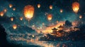 Wishing lanterns flying in the night sky Royalty Free Stock Photo