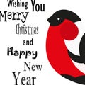 Wishing you Merry Christmas and Happy New Year card with bullfinch. Flat design. Royalty Free Stock Photo