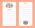 Wishlist and Note Page with Cat Face and Avatar or Funny Kitten Muzzle Vector Template