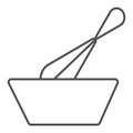 Wisk and bowl thin line icon, Cooking concept, Dough making sign on white background, Mixing with whisk icon in outline