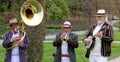 Wisley, Surrey, UK - April 30 2017: Trad Jazz trio in striped bo