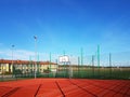 Wisniowa, Poland - 10 17, 2018: Modern basketball court in the courtyard of primary school. Multifunctional children`s playground