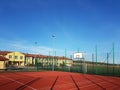 Wisniowa, Poland - 10 17, 2018: Modern basketball court in the courtyard of primary school. Multifunctional children`s playground