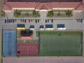 Wisniowa, Poland - 9 10 2018:Open school sports complex. Panorama of playing fields from a bird`s flight. Aerial photography from