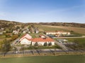 Wisniowa, Poland - 9 10 2018:Open school sports complex. Panorama of playing fields from a bird`s flight. Aerial photography from