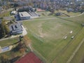 Wisniowa, Poland - 9 10 2018:Open school sports complex. Panorama of playing fields from a bird`s flight. Aerial photography from